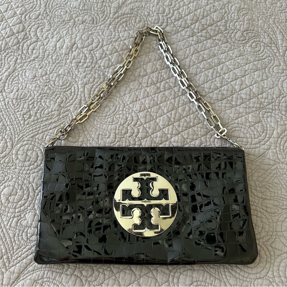 Tory Burch Black Croc-Embossed Clutch with Silver Chain
